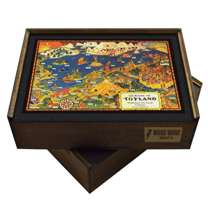 Collectible wooden puzzle of a vintage pictorial map of Toyland featuring Santa Claus, toys, castles, and whimsical landscapes. Fantasy world art print for children and collectors.