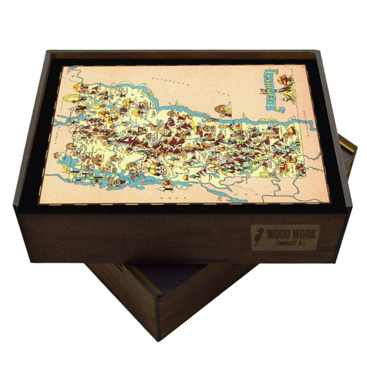 Collectible wooden puzzle of a vintage pictorial map of Vermont showcasing landmarks, natural wonders, cultural elements, and historical references. Illustrated cartography highlighting the state's diverse attractions and heritage