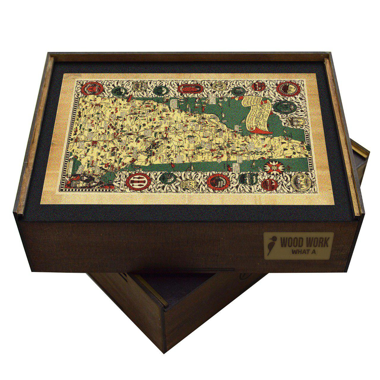 Collectible wooden puzzle of a vintage pictorial map of New Hampshire featuring White Mountains, Mount Washington, lakes, forests, and historical imagery. Retro style art print for travel and home decor.
