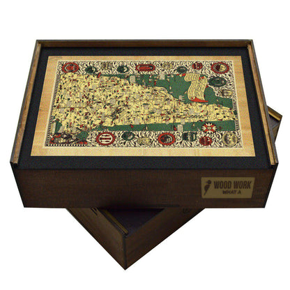 Collectible wooden puzzle of a vintage pictorial map of New Hampshire featuring White Mountains, Mount Washington, lakes, forests, and historical imagery. Retro style art print for travel and home decor.