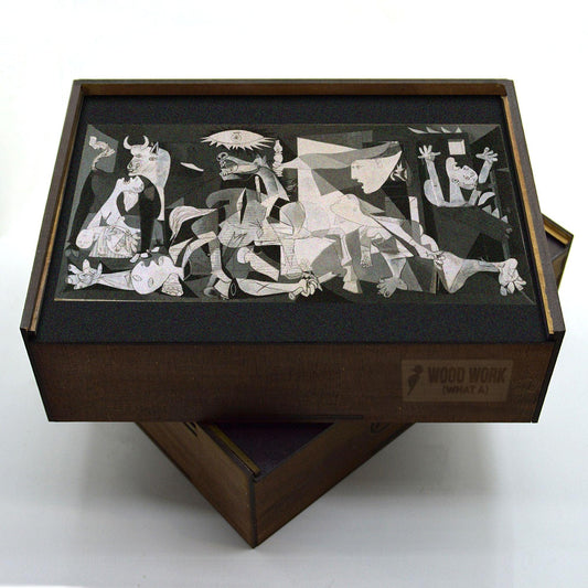 High-quality wooden jigsaw puzzle featuring Pablo Picasso’s Guernica, meticulously crafted with eco-friendly wood composite. A collectible puzzle for art lovers, available in multiple sizes.