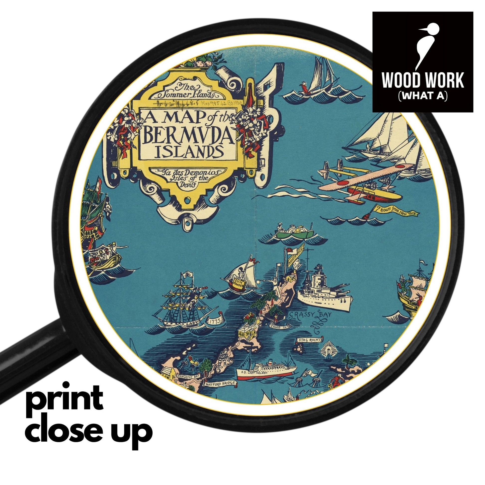 close up of a Vintage BERMUDA Islands Pictorial Map made into a wooden jigsaw puzzle