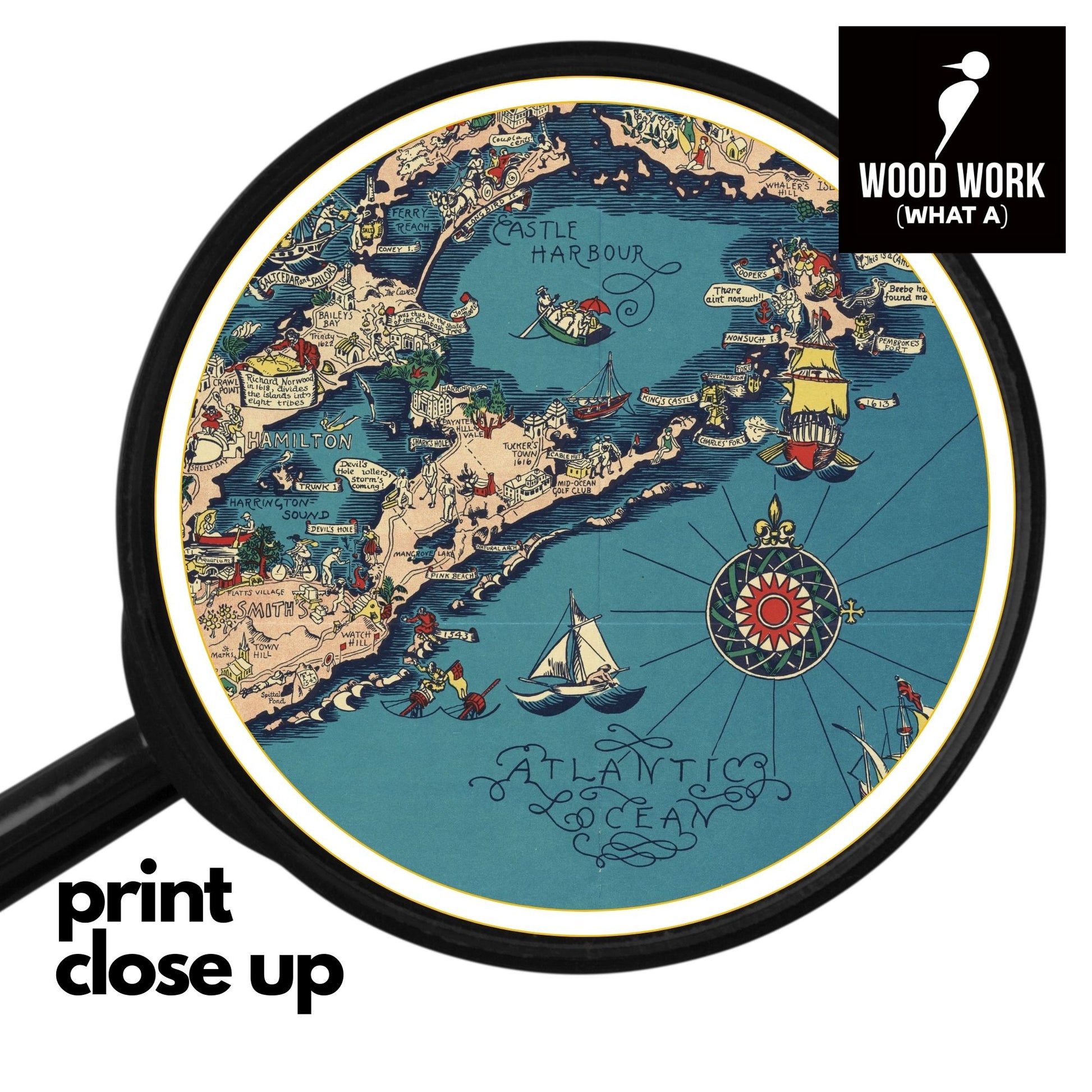 close up of a Vintage BERMUDA Islands Pictorial Map made into a wooden jigsaw puzzle