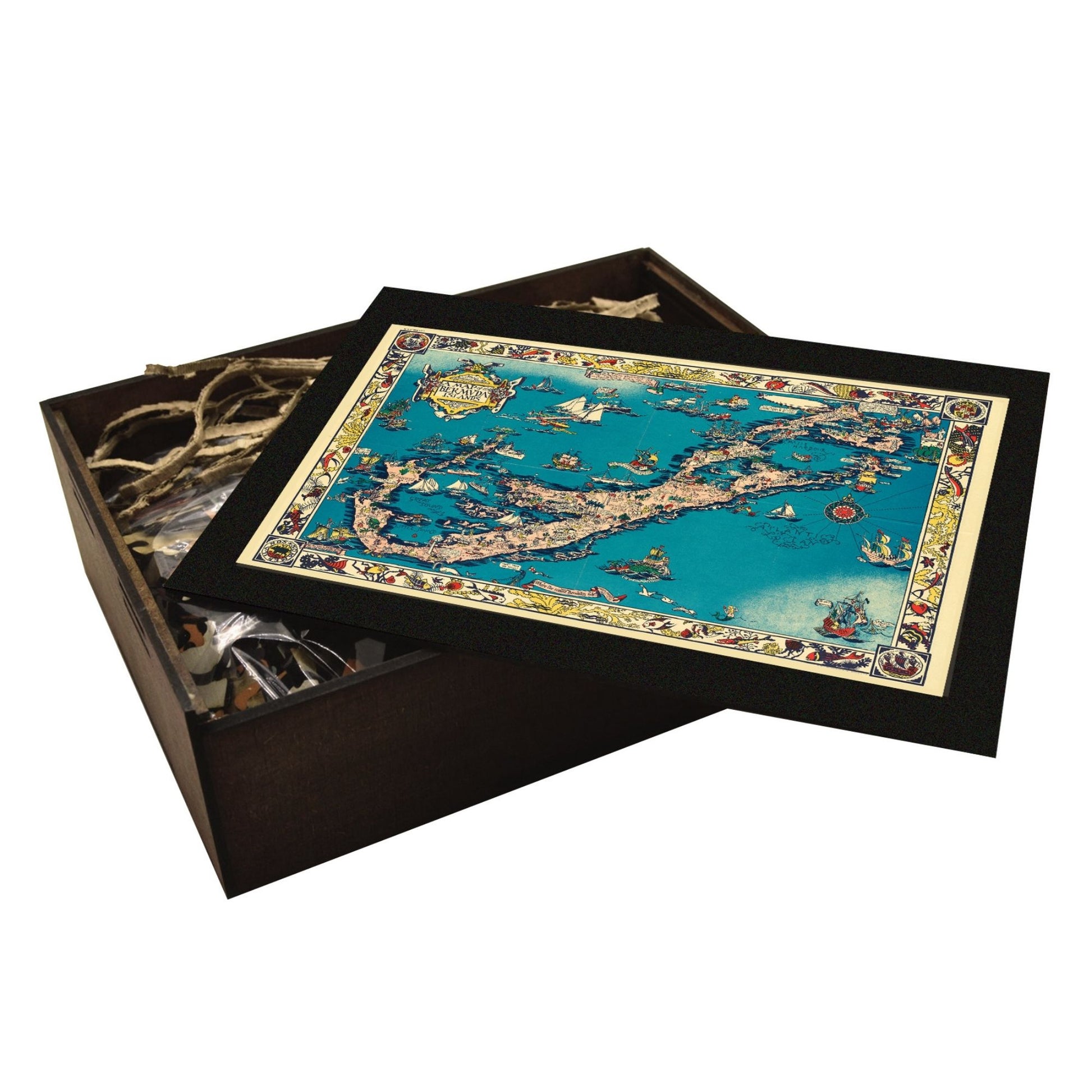 wooden jigsaw held, handcrafted artisanal puzzle of a Bermuda vintage map. Handcrafted wooden box.