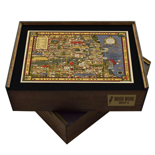 Wooden jigsaw puzzle box with Chicago Gangland map - Vintage style, color map - WAWW Puzzles