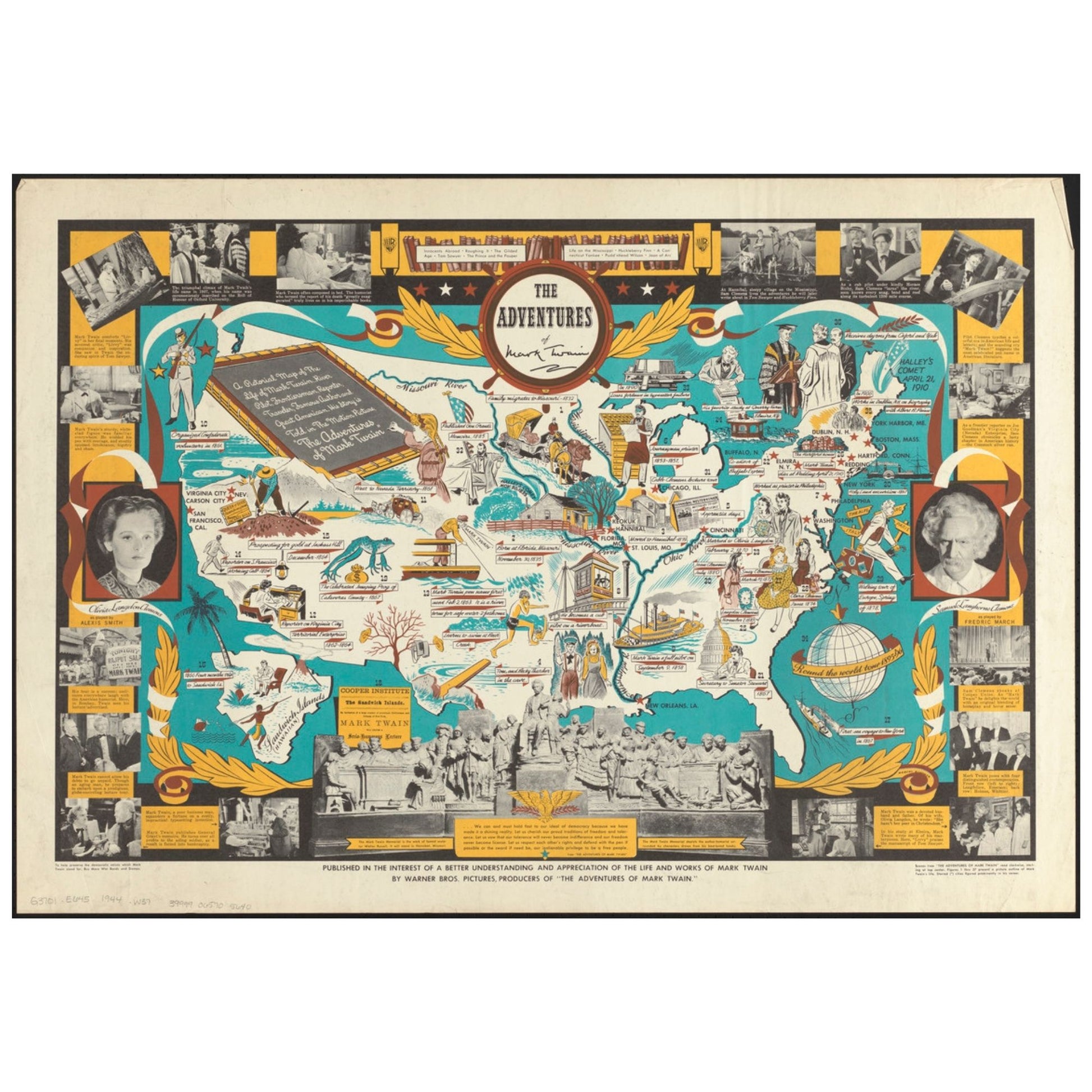 Collectible wooden puzzle of a vintage pictorial map of Mark Twain's life and literary works, featuring Hannibal, Mississippi River, and key locations. Art print commemorating "The Adventures of Mark Twain" film.